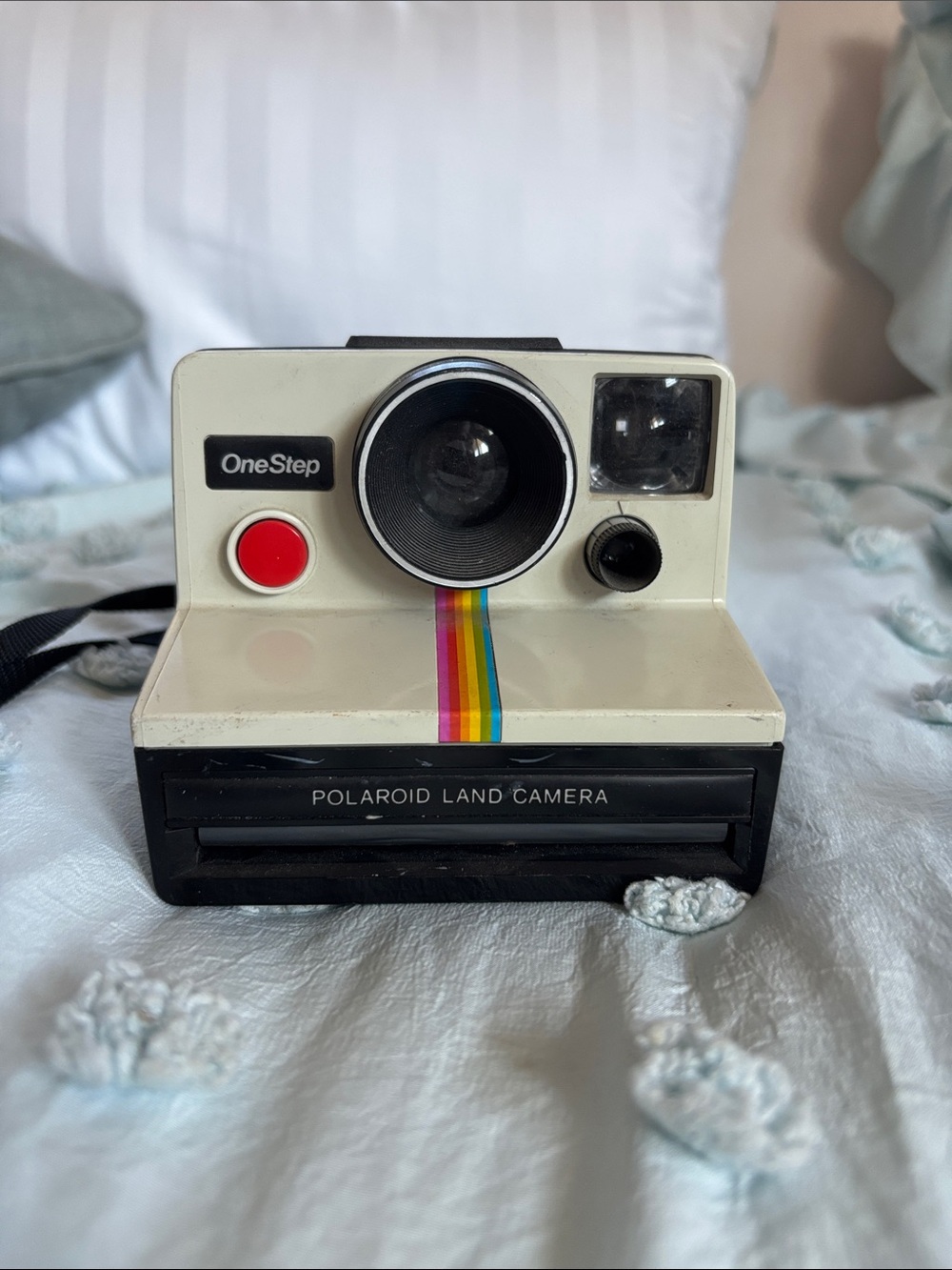 Polaroid OneStep Instant Camera in White with Rainbow Stripe and Red Shutter